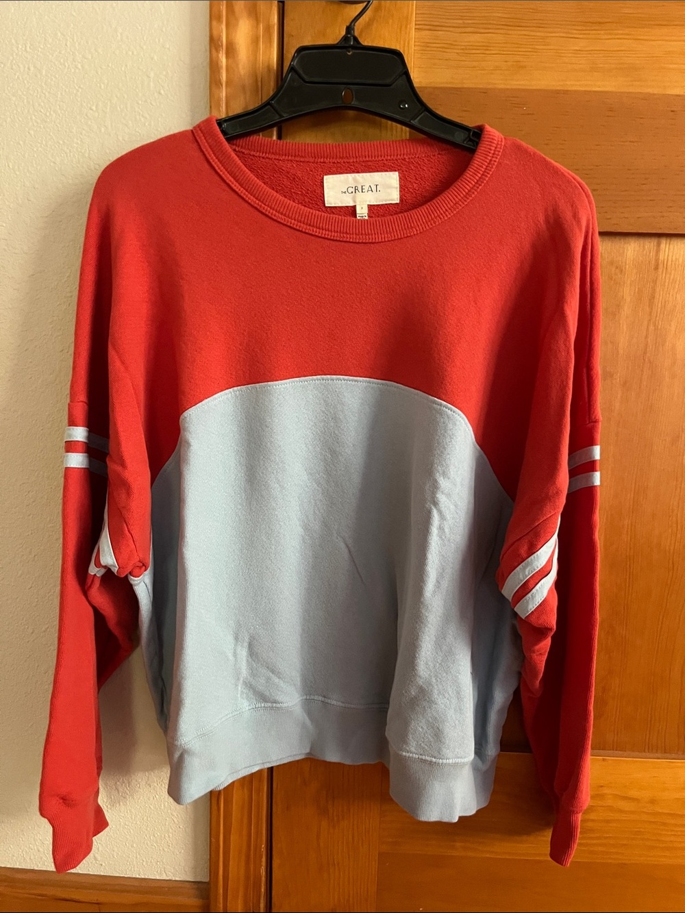 THE GREAT. Red and Light Blue Colorblock Crewneck Sweatshirt